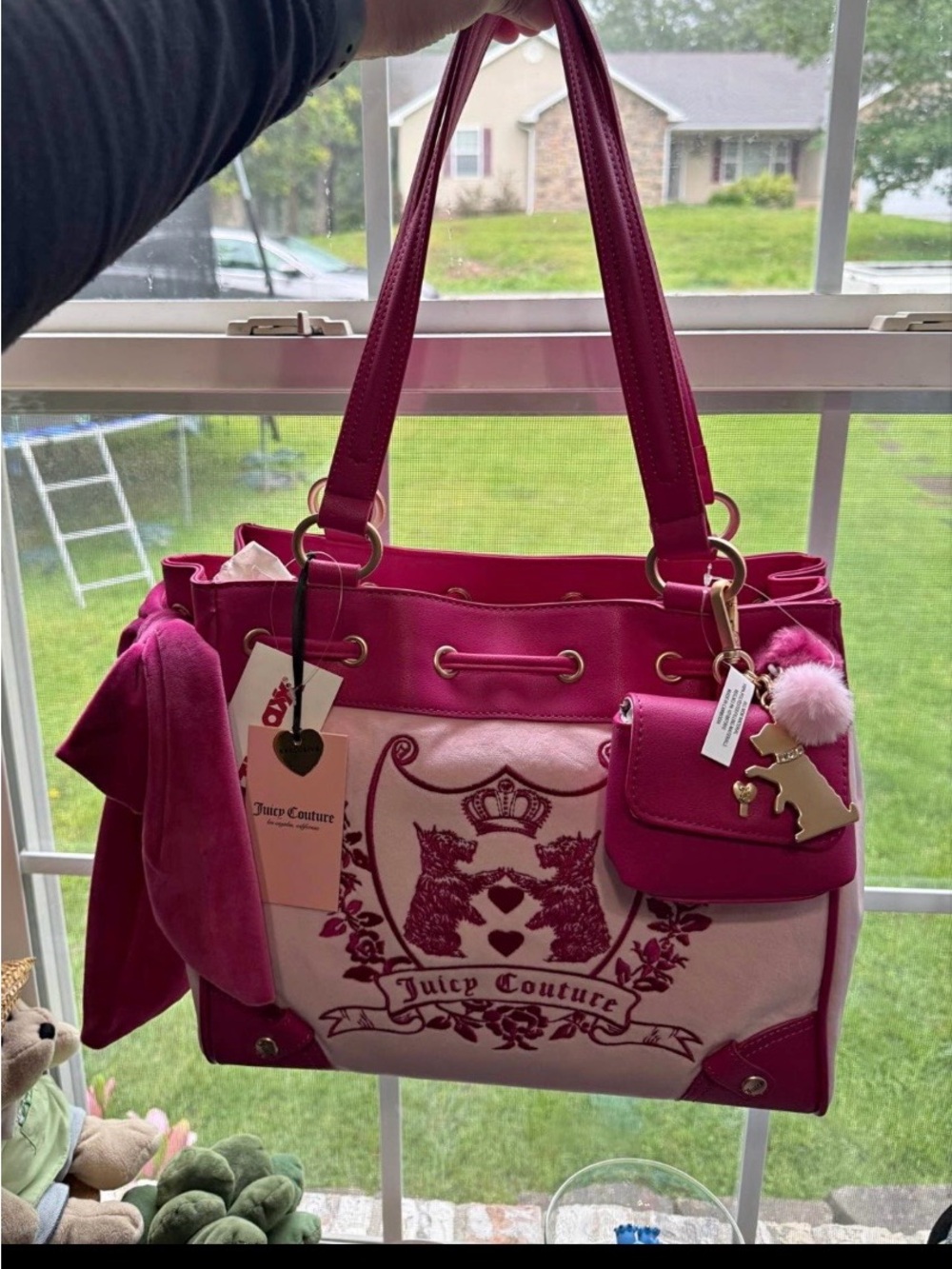 Juicy Couture Hot Pink & Light Pink Velvet Crest Tote with Charm - Scottie Dogs